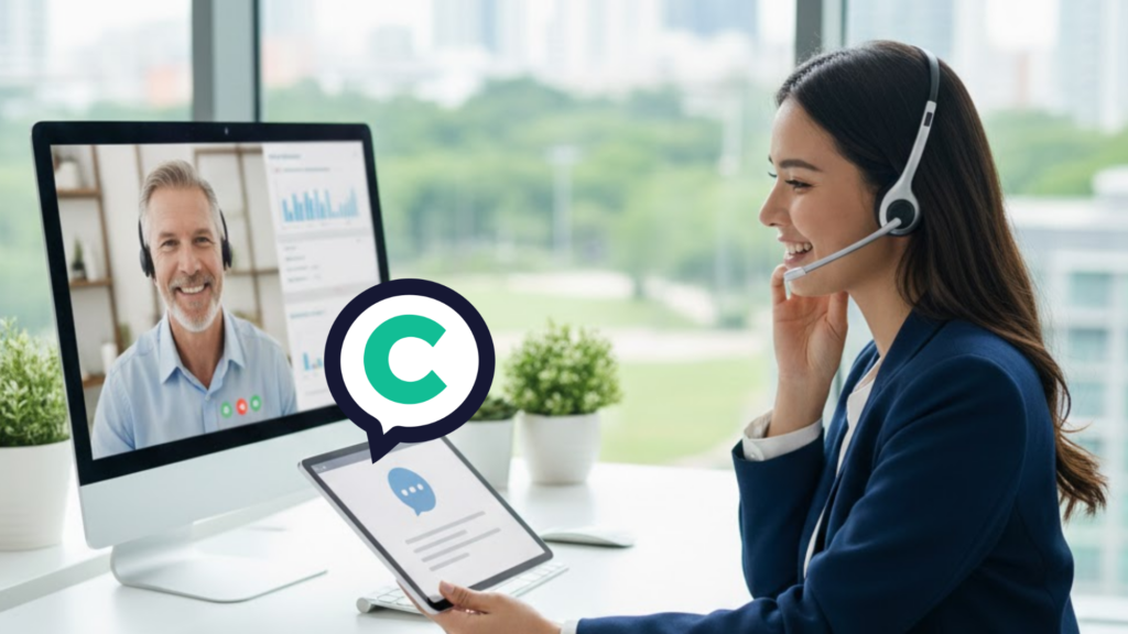 A sales rep using an AI sales bot while talking to a client