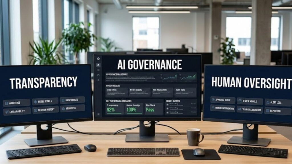Front view of a monitor with an AI governance layer
